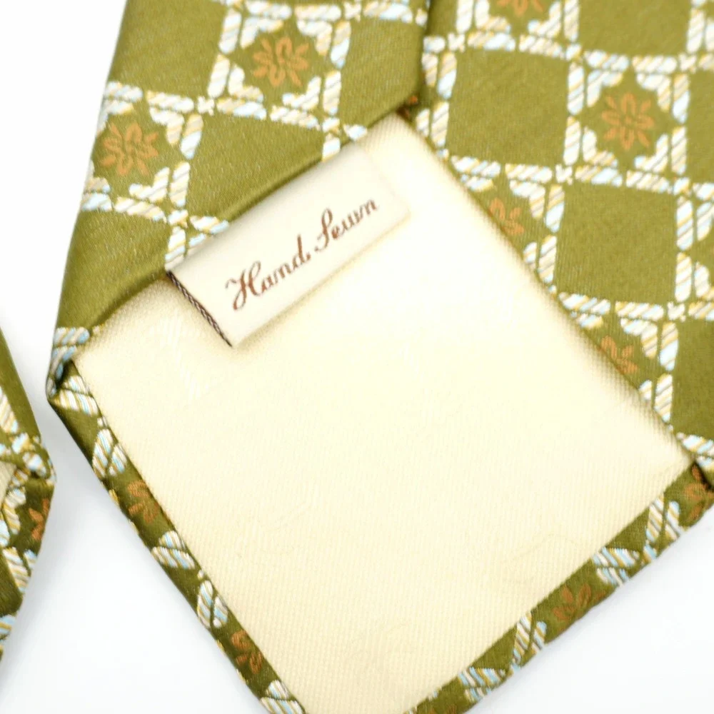 Tommy Bahama Green Brown Floral Check Hand Sewn Long‎ Wide Silk Tie